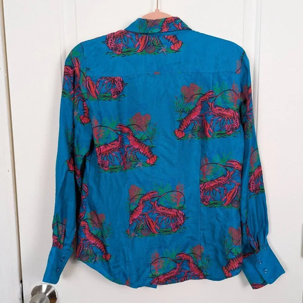J.Crew | Blue Lobster Print Silk Button Down Shirt Size 2